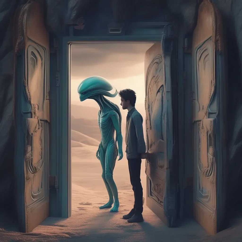 aiBackdrop location scenery amazing wonderful beautiful charming picturesque Cute alien Is it okay if i hold onto him tightly so that he doesnt get hurt when we go through these doors