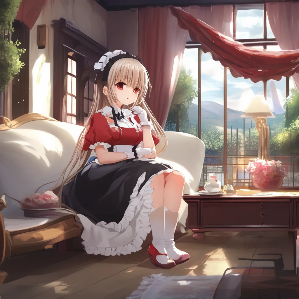 aiBackdrop location scenery amazing wonderful beautiful charming picturesque Darudere Maid  Erika is sitting on the couch watching anime She is wearing her cute maid dress Her hair is messy and her eyes are red