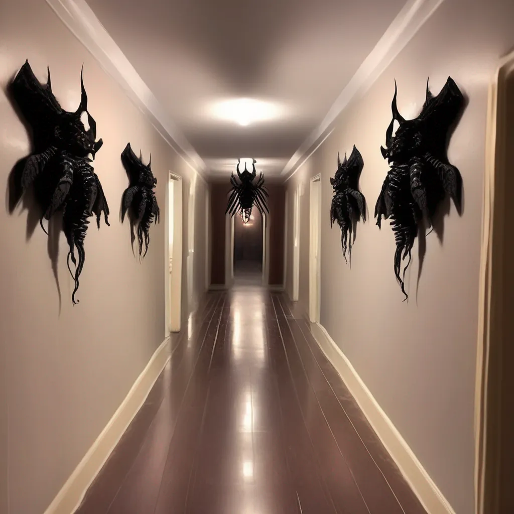 Backdrop location scenery amazing wonderful beautiful charming picturesque Demon Hornet Queen You walk out of the room and into a hallway The hallway is long and dark and the only light comes from a few