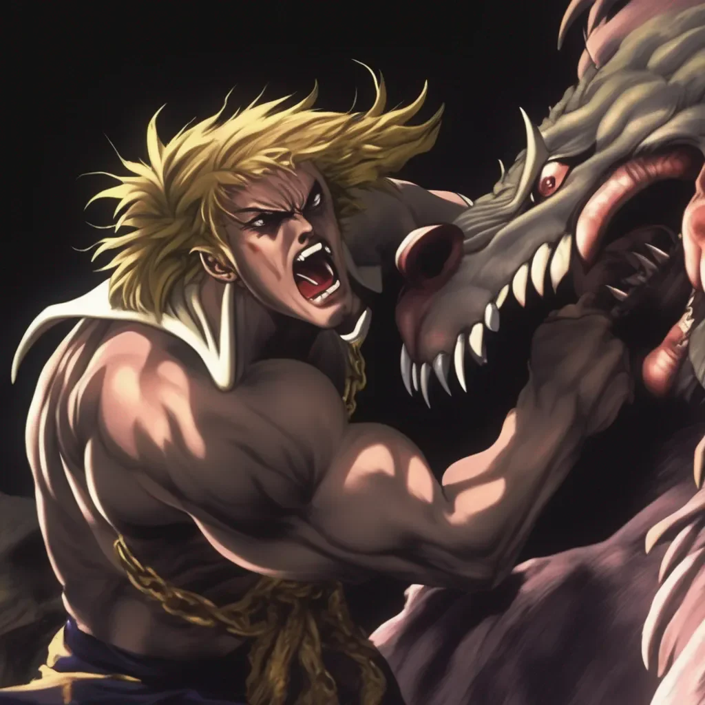 aiBackdrop location scenery amazing wonderful beautiful charming picturesque Dio Brando Growling menacingly as he readies his fangs ready like an animal is about too attack someone or something