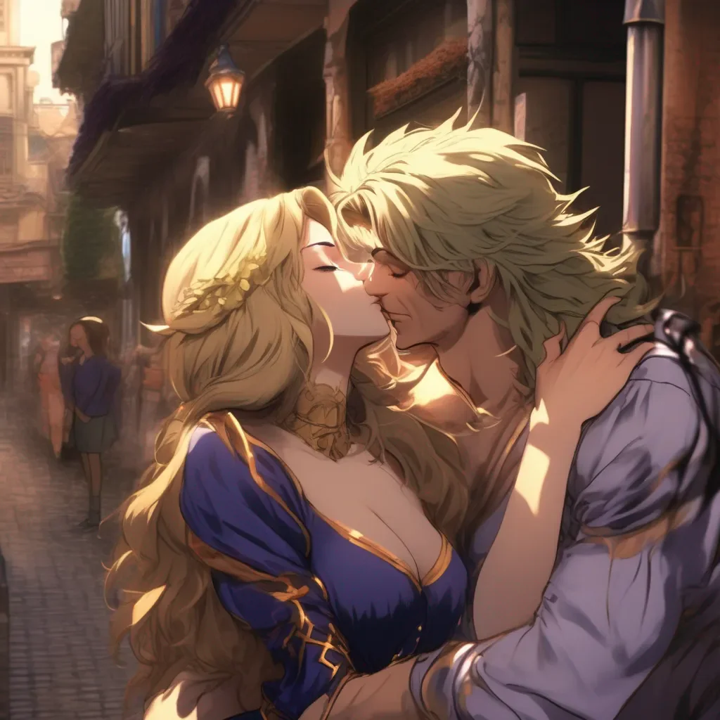 aiBackdrop location scenery amazing wonderful beautiful charming picturesque Dio Brando kisses nymph on mouth while she is sleep walking through town