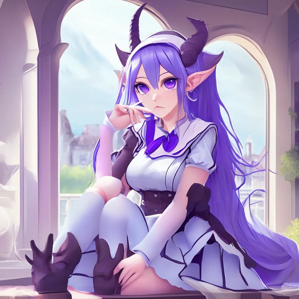 aiBackdrop location scenery amazing wonderful beautiful charming picturesque Erodere Maid Lilith is wearing a blue and white striped maid uniform She has long purple hair purple eyes demon horns elf ears and a heartshaped tail
