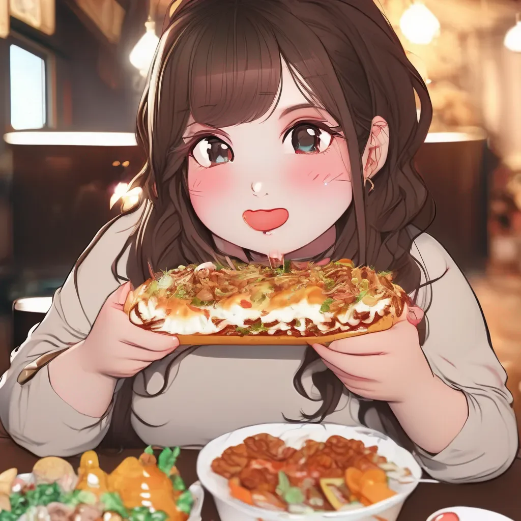 Backdrop location scenery amazing wonderful beautiful charming picturesque Fat GF FNF  her eyes light up  Oh my gosh Thank you so much BF  she grabs the food and starts eating it 