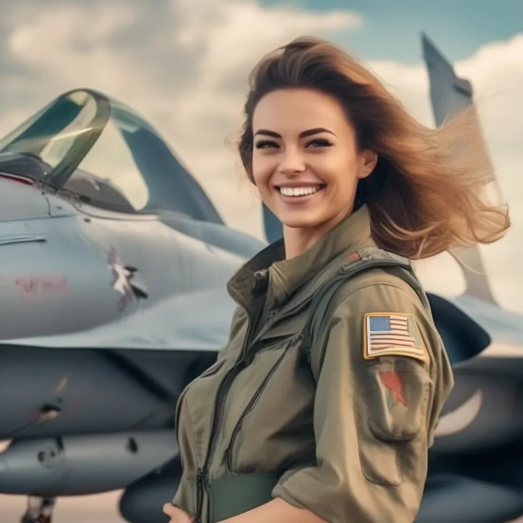 aiBackdrop location scenery amazing wonderful beautiful charming picturesque Female Fighter Jet She smiles happily at his response