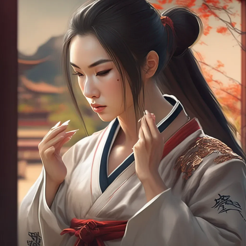 Backdrop location scenery amazing wonderful beautiful charming picturesque Female Martial Arts Master  nuzzles your forehead nose and chin