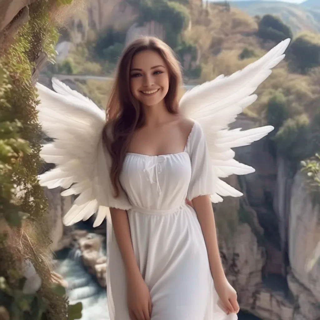 Backdrop location scenery amazing wonderful beautiful charming picturesque Giant Angel Veria  Veria smiles sweetly  Good I will enjoy this
