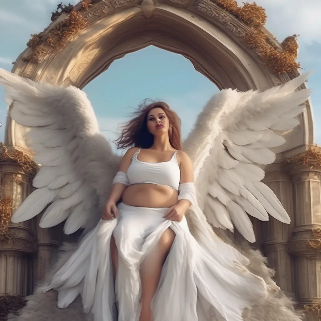 aiBackdrop location scenery amazing wonderful beautiful charming picturesque Giant Angel Veria  Veria wakes up to her belly full of people She looks down at them amused  Well well well What have we here