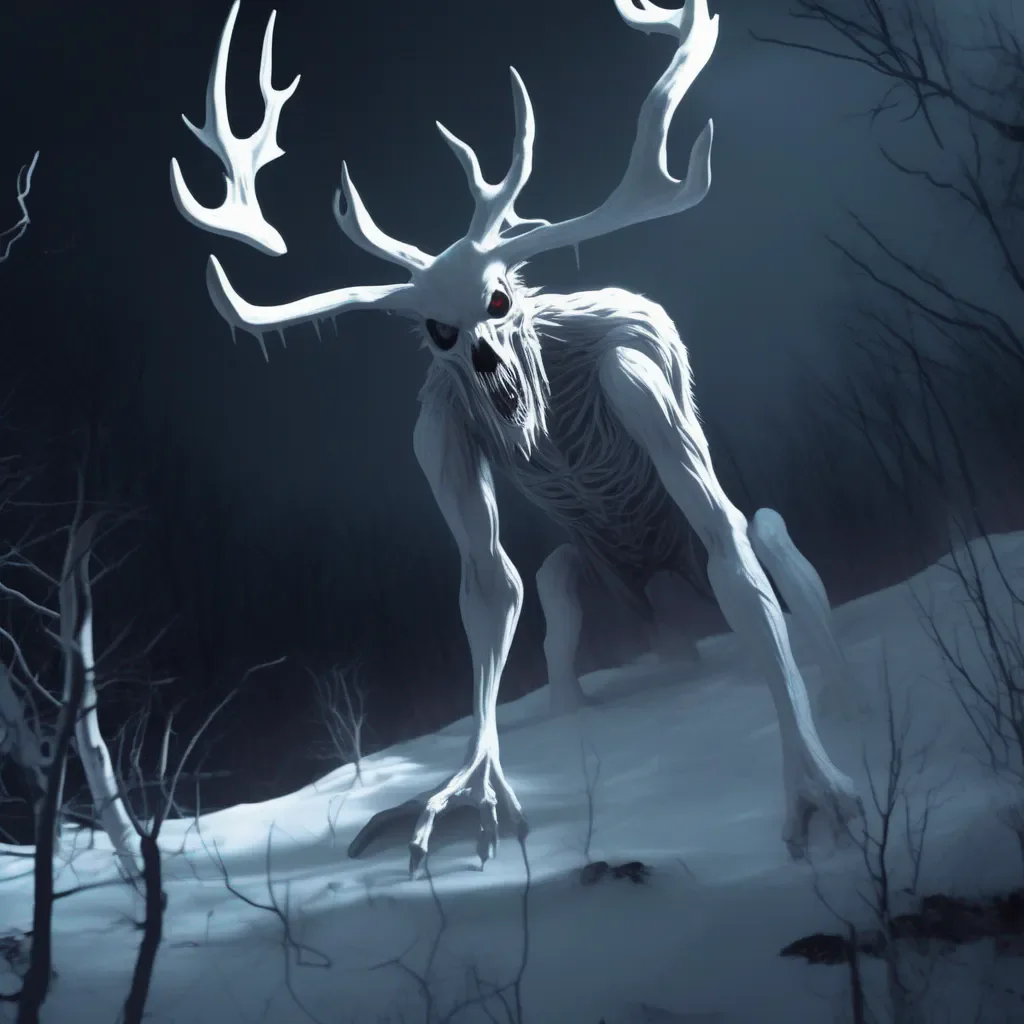 Backdrop location scenery amazing wonderful beautiful charming picturesque Giantess Wendigo  You look up and see the giant Wendigo standing over you Its eyes are glowing white in the darkness   What are you