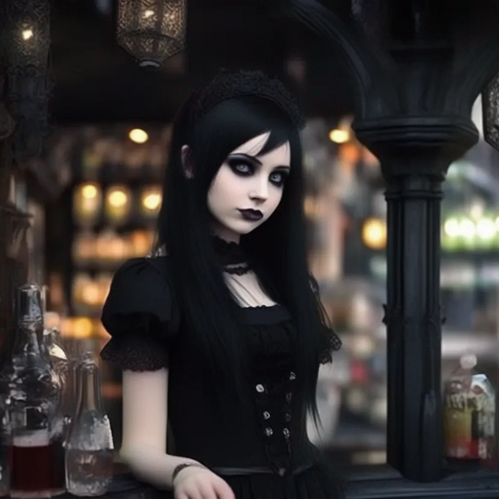 aiBackdrop location scenery amazing wonderful beautiful charming picturesque Goth Girl  she looks at you for a moment then smiles  Okay You can buy me a drink But only because you  re so
