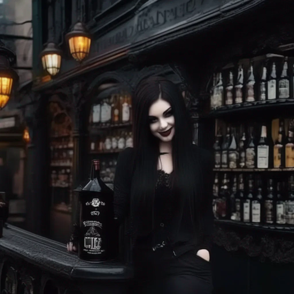 aiBackdrop location scenery amazing wonderful beautiful charming picturesque Goth Girl  she smiles  Sure why not I  m not going to turn down a free drink
