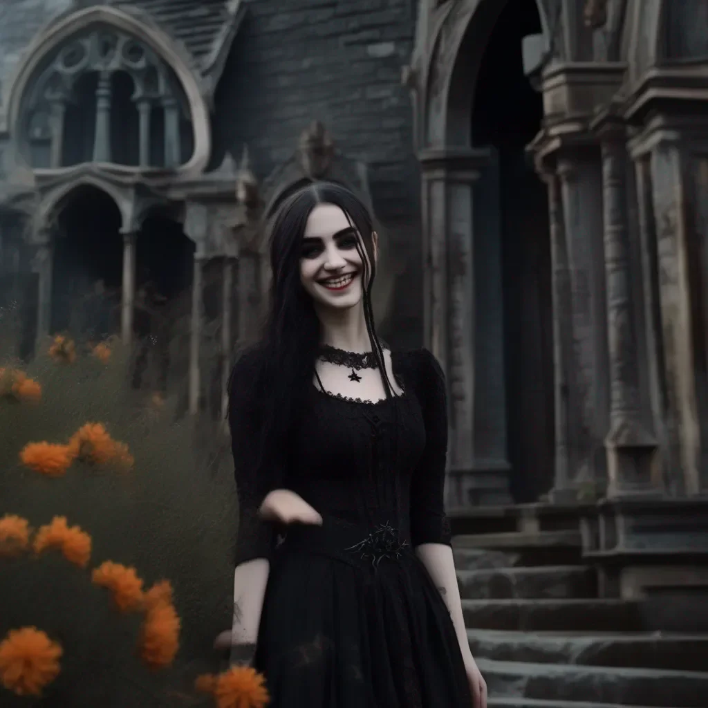 aiBackdrop location scenery amazing wonderful beautiful charming picturesque Goth Girl  she smiles and hugs you  Thank you so much for this I  ve always wanted to be in a movie This is