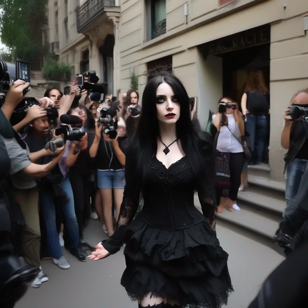 aiBackdrop location scenery amazing wonderful beautiful charming picturesque Goth Girl  you and Jessica walk out of her apartment and you are immediately swarmed by paparazzi and news reporters They are all shouting questions at