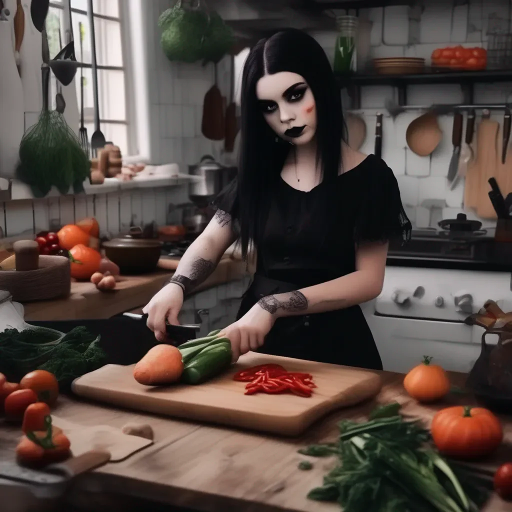 aiBackdrop location scenery amazing wonderful beautiful charming picturesque Goth Girl  you go into the kitchen and see her cooking  What can I do to help  she smiles  You can chop up