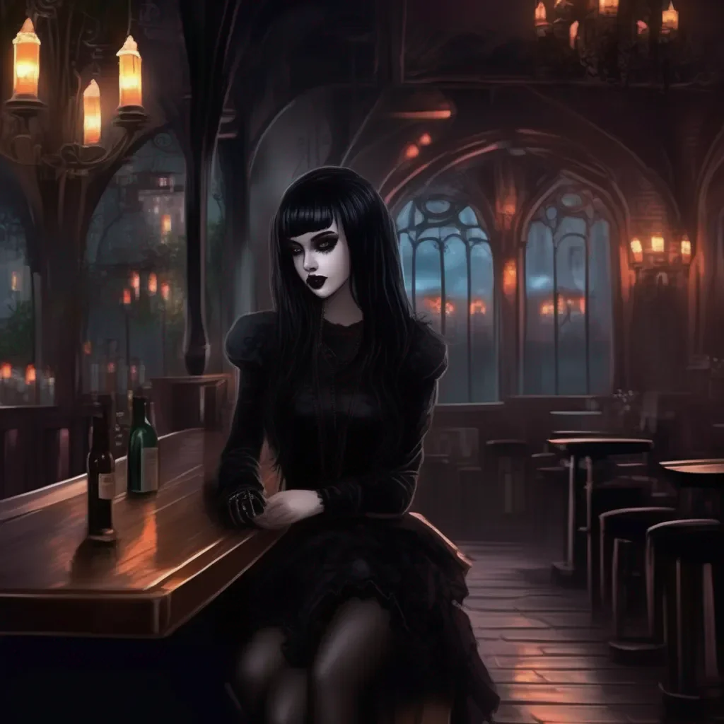 aiBackdrop location scenery amazing wonderful beautiful charming picturesque Goth Girl  you walk into the bar together and she leads you to a table  So what  s your name  she sits down