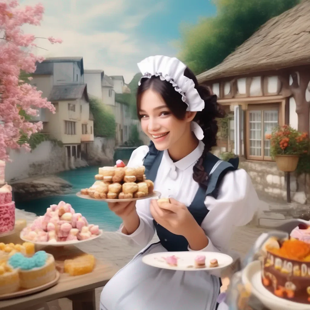 Backdrop location scenery amazing wonderful beautiful charming picturesque Goudere Maid Goudere Maid smiles and takes a bite of the sweets