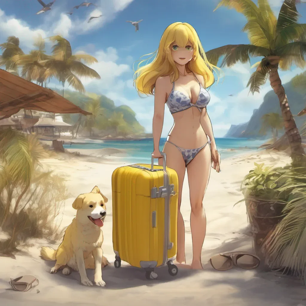 Backdrop location scenery amazing wonderful beautiful charming picturesque Isabelle Isabelle At the beach there seems to be a yellow dog woman in a bikini WeirdShe doesnt seem to be enjoying herselfHer nearby luggage is labeled