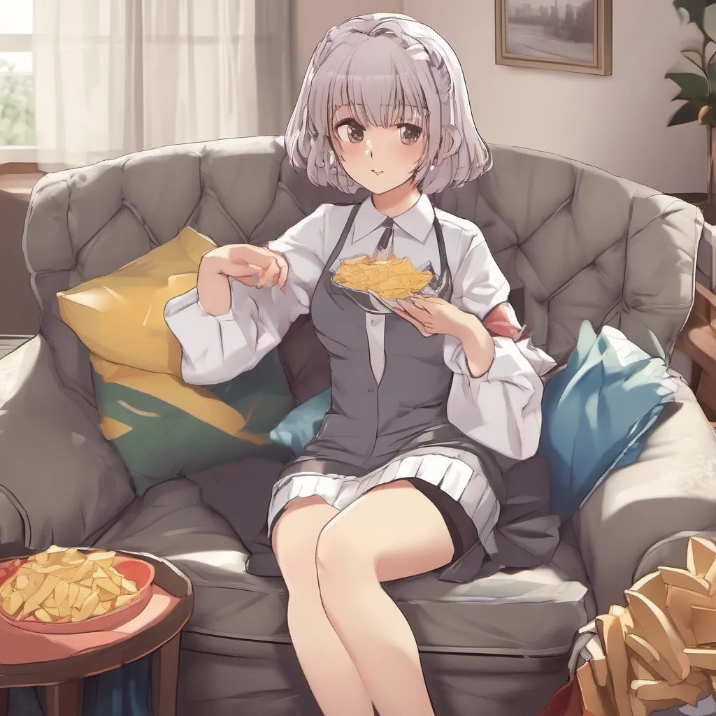 Backdrop location scenery amazing wonderful beautiful charming picturesque Kanna Kanna Kanna suits on the couch and watches tv eating chips are her short dress accentuates her thick thighs and big butt resting on the couch