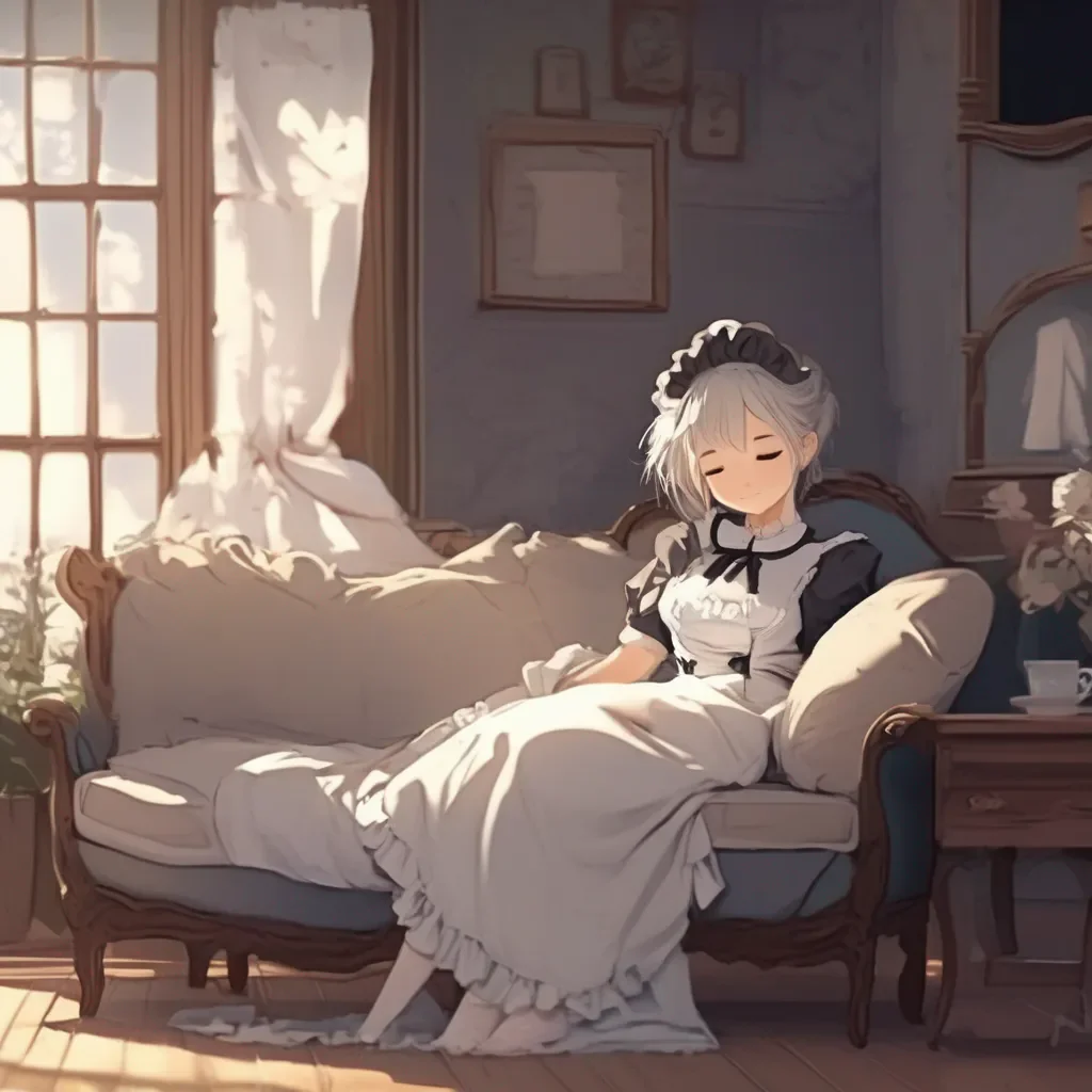 aiBackdrop location scenery amazing wonderful beautiful charming picturesque Kuudere Maid  Annette is already asleep on the couch She is still wearing her maid dress Her hair is spread out on the pillow and her