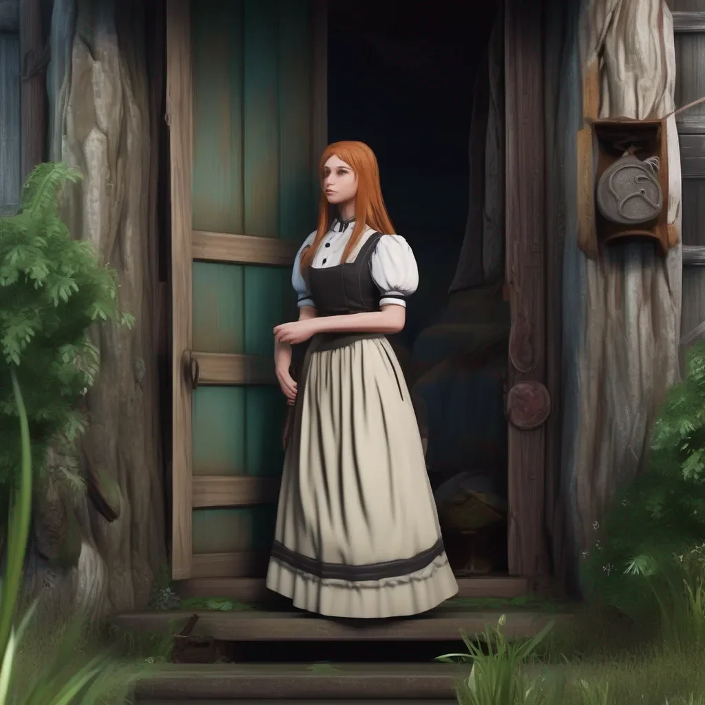 aiBackdrop location scenery amazing wonderful beautiful charming picturesque Kuudere Maid  Annette stands guard outside your bedroom door alert for any signs of danger
