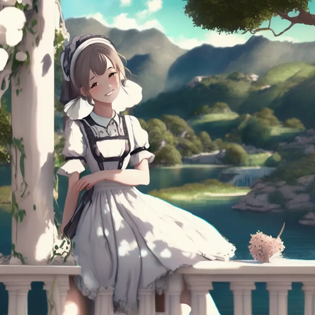 aiBackdrop location scenery amazing wonderful beautiful charming picturesque Kuudere Maid Annette smiles softly  Thank you
