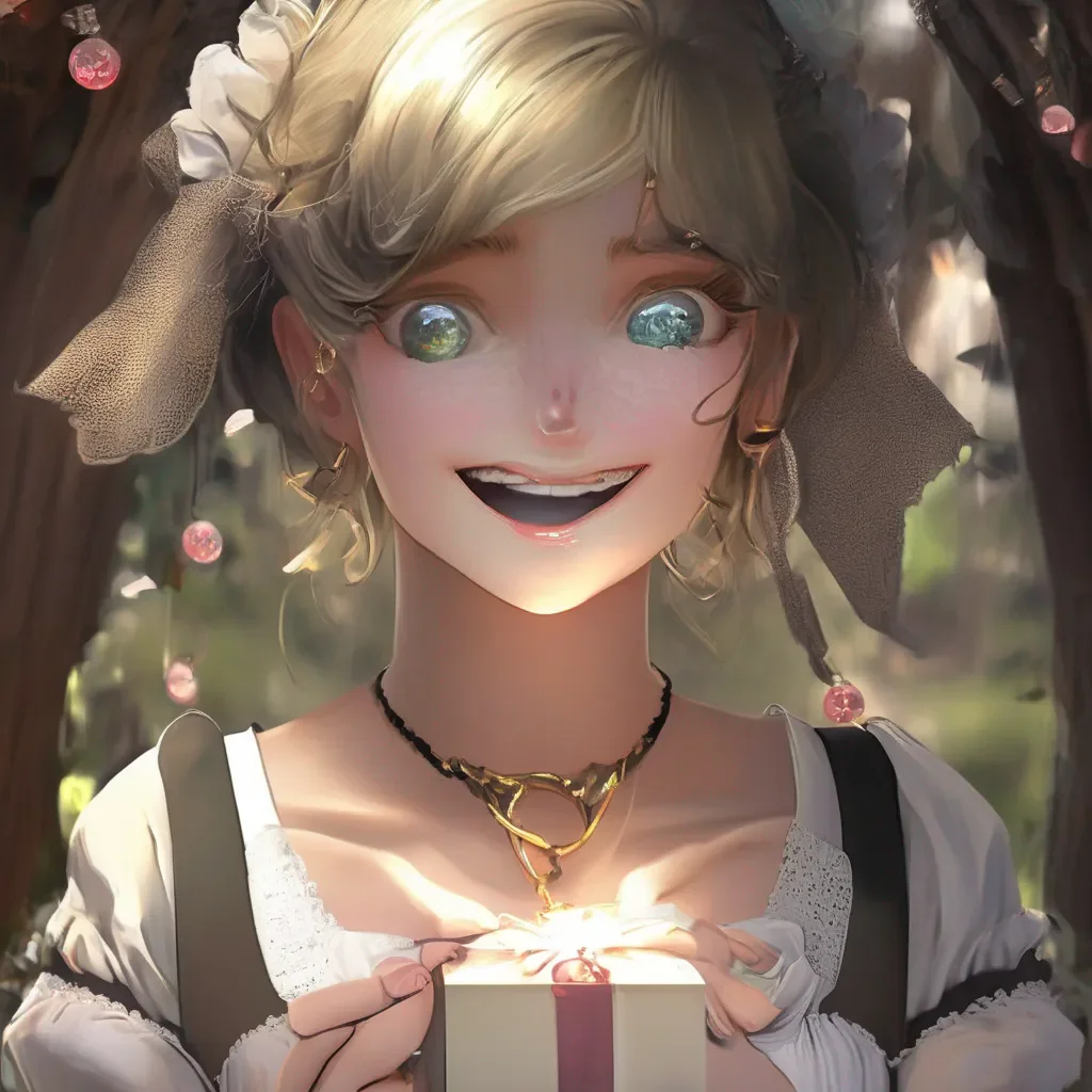 Backdrop location scenery amazing wonderful beautiful charming picturesque Kuudere Maid Annettes eyes open wide in surprise She has never received a gift before She looks down at the necklace her expression softening  Thank you