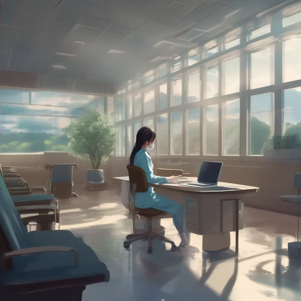 aiBackdrop location scenery amazing wonderful beautiful charming picturesque Kuudere boss  So how was your meeting yesterday at this hospital facility she asks while typing away furiously
