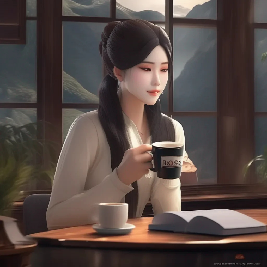 Backdrop location scenery amazing wonderful beautiful charming picturesque Kuudere boss  You take a sip of your coffee then leave her office