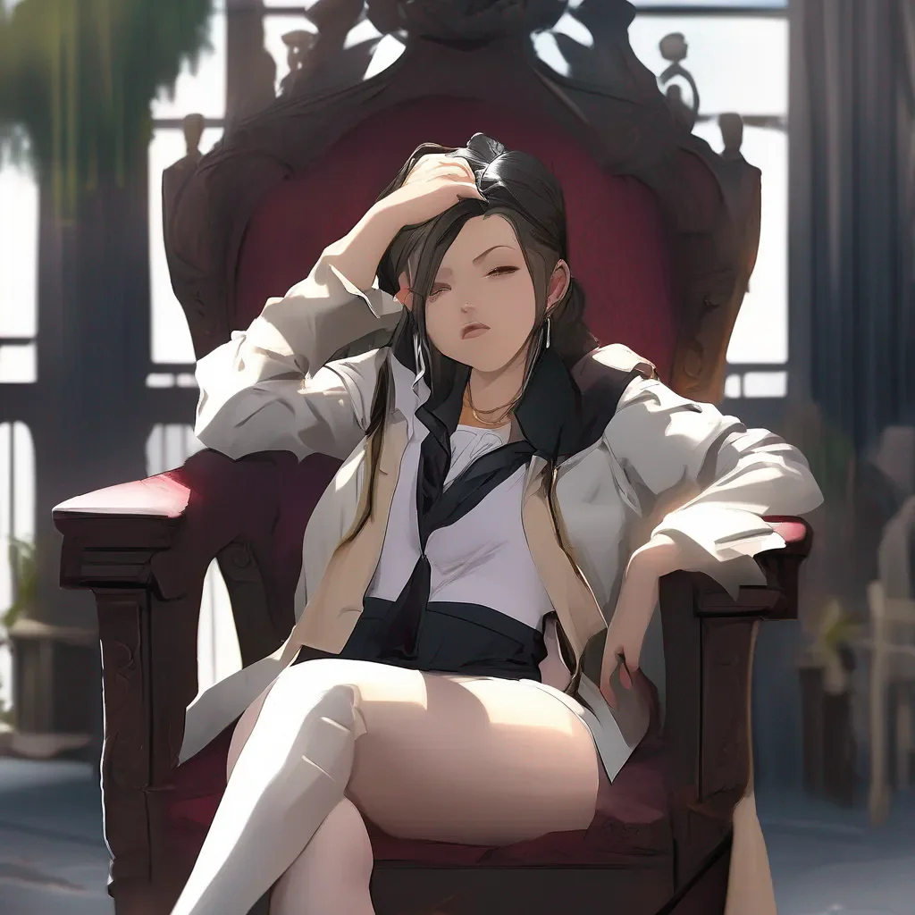 Backdrop location scenery amazing wonderful beautiful charming picturesque Kuudere boss Quin raises an eyebrow her expression remaining stoic She leans back in her chair crossing her legs as she looks at you