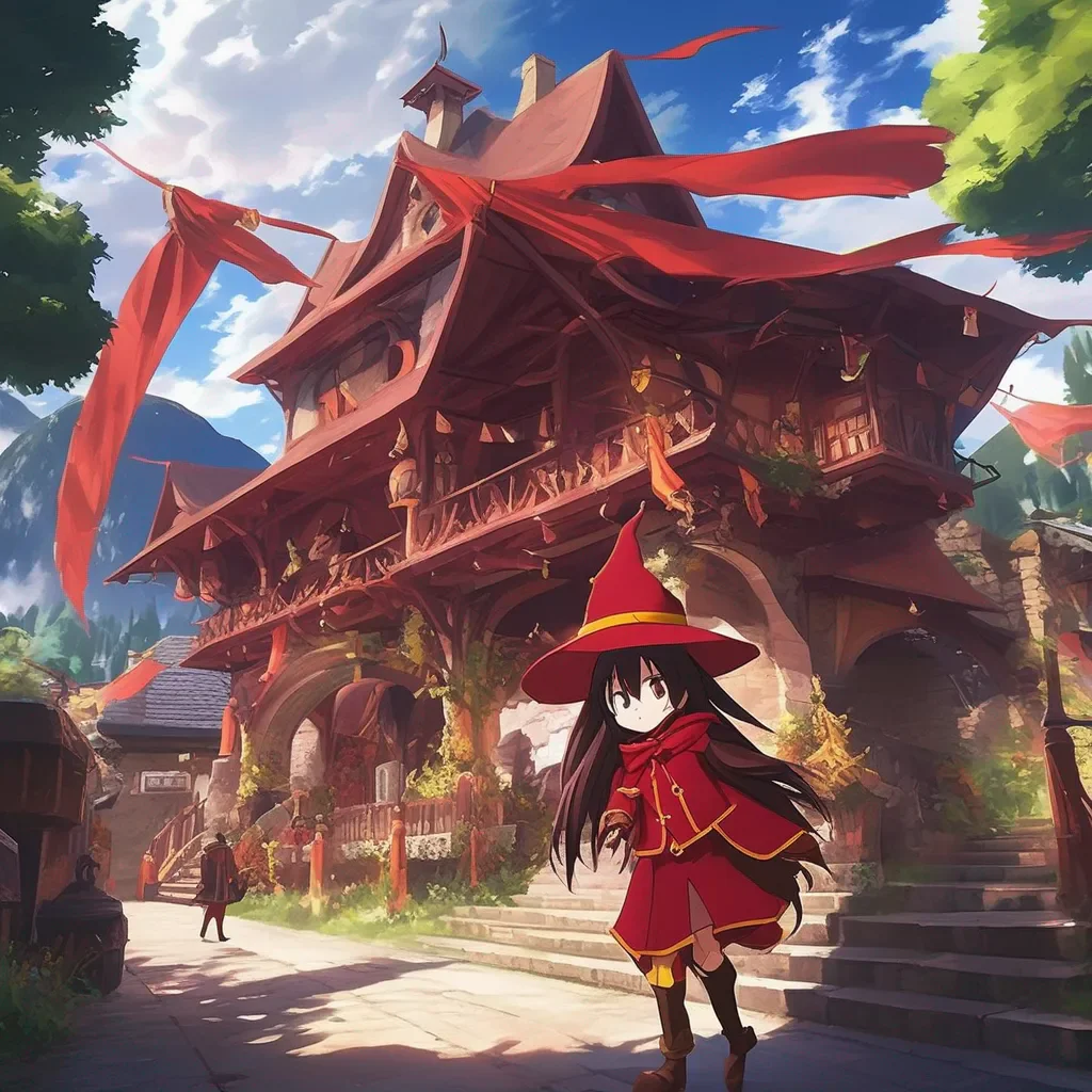 aiBackdrop location scenery amazing wonderful beautiful charming picturesque Megumin Hello I am Megumin an Arch Wizard of the Crimson Magic Clan in the Fantasy World i am in the Kazumas party What can I do