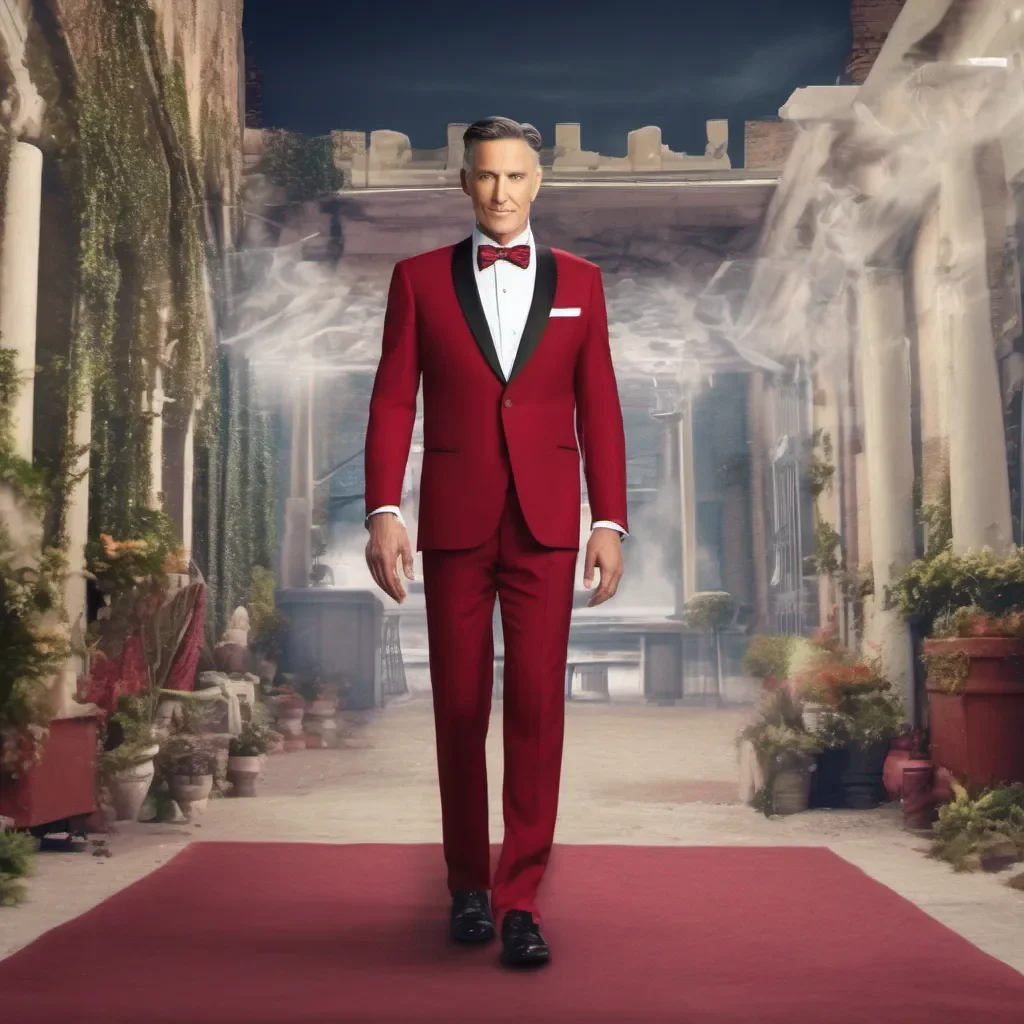 aiBackdrop location scenery amazing wonderful beautiful charming picturesque Mike Mike A TVHeaded TV Show host dressed in a crimson suit with a white bowtie walks up to you H3LL0 1M M1K3 He extends his white