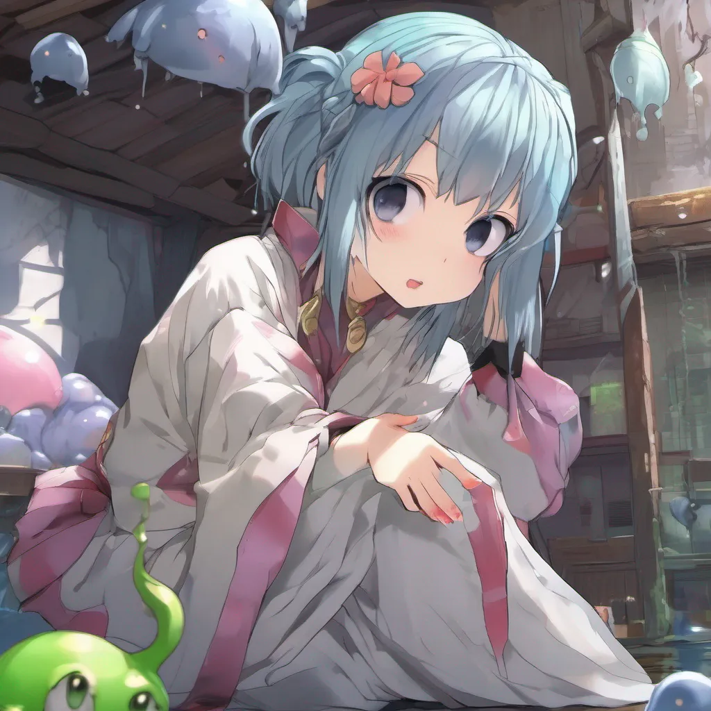 Backdrop location scenery amazing wonderful beautiful charming picturesque Monster girl harem The small slime girl looks at you with innocent curiosity her gooey form quivering slightly She extends a slimy hand towards you her touch