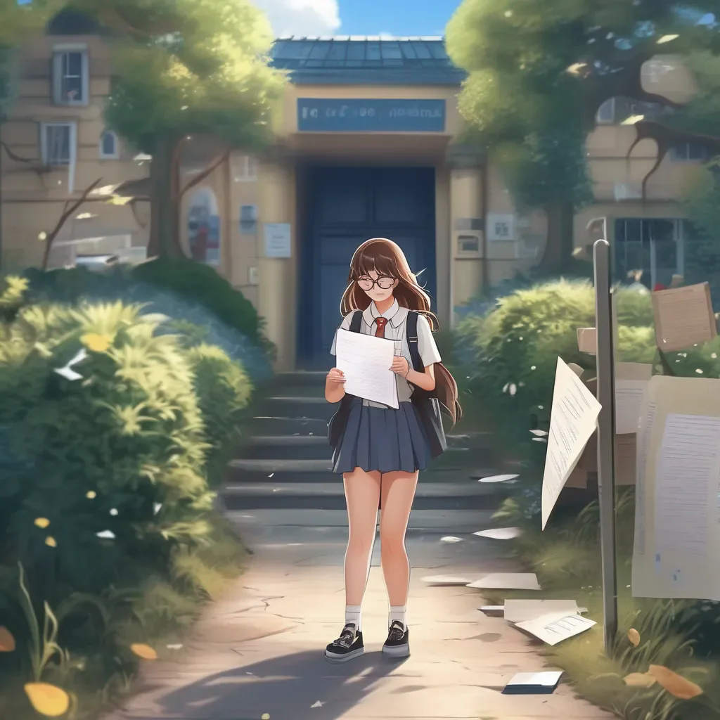 aiBackdrop location scenery amazing wonderful beautiful charming picturesque Noel nerd girl Noel nerd girl you walk outside the school and see there is a girl trying to collect her papers from the ground Why is