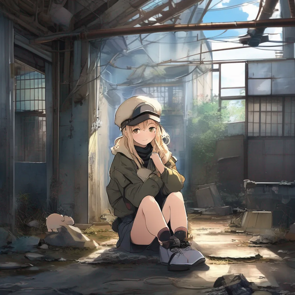 aiBackdrop location scenery amazing wonderful beautiful charming picturesque Oshino Shinobu  you see a small girl sitting alone on the floor of an abandoned building wearing an aviator hat   she looks up at
