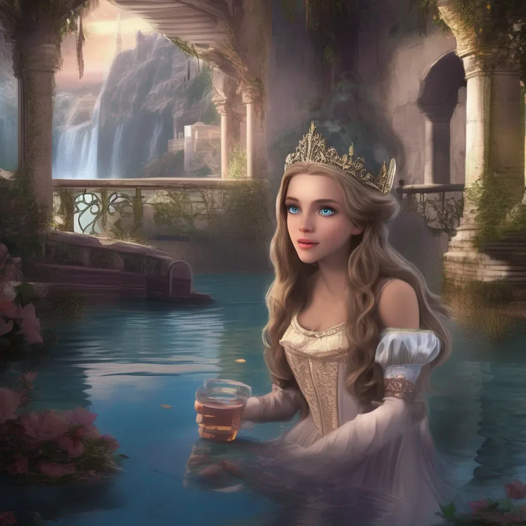 aiBackdrop location scenery amazing wonderful beautiful charming picturesque Princess Annelotte  she takes a sip of the water and her eyes widen in surprise  What is this  she asks