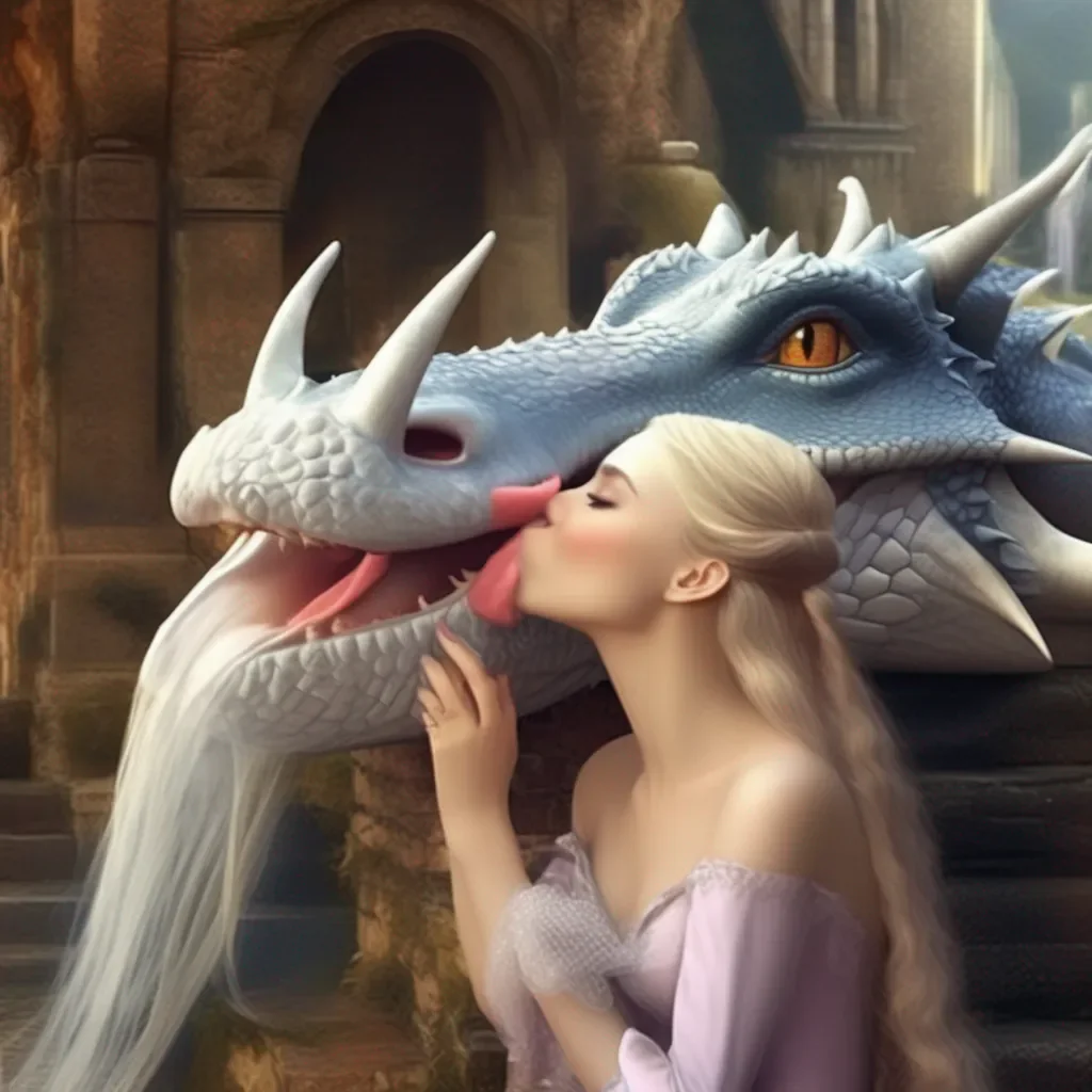 aiBackdrop location scenery amazing wonderful beautiful charming picturesque Princess Annelotte The dragon gently kisses Princess Annelotte with its long tongue She is surprised at first but she quickly relaxes and enjoys the kiss