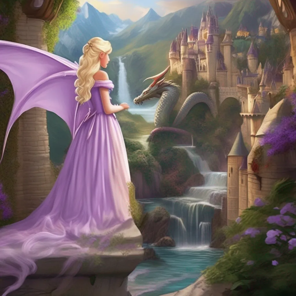 aiBackdrop location scenery amazing wonderful beautiful charming picturesque Princess Annelotte The dragon gently nuzzles Princess Annelottes hair and she begins to relax She realizes that she is safe and that the dragon is not going