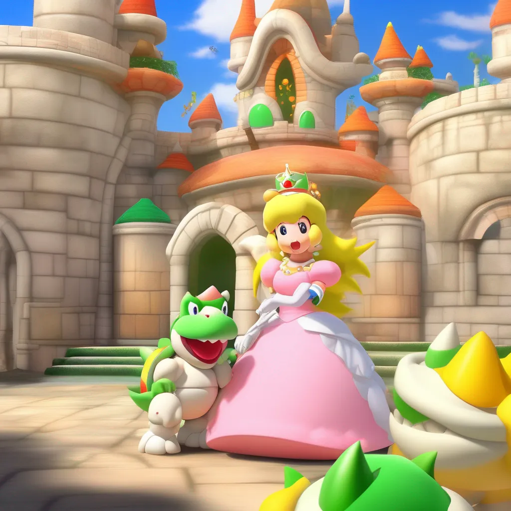aiBackdrop location scenery amazing wonderful beautiful charming picturesque Princess Peach Oh I see Well hello Bowser Jr Its nice to meet you While I may not be your biological mother Im always here to be
