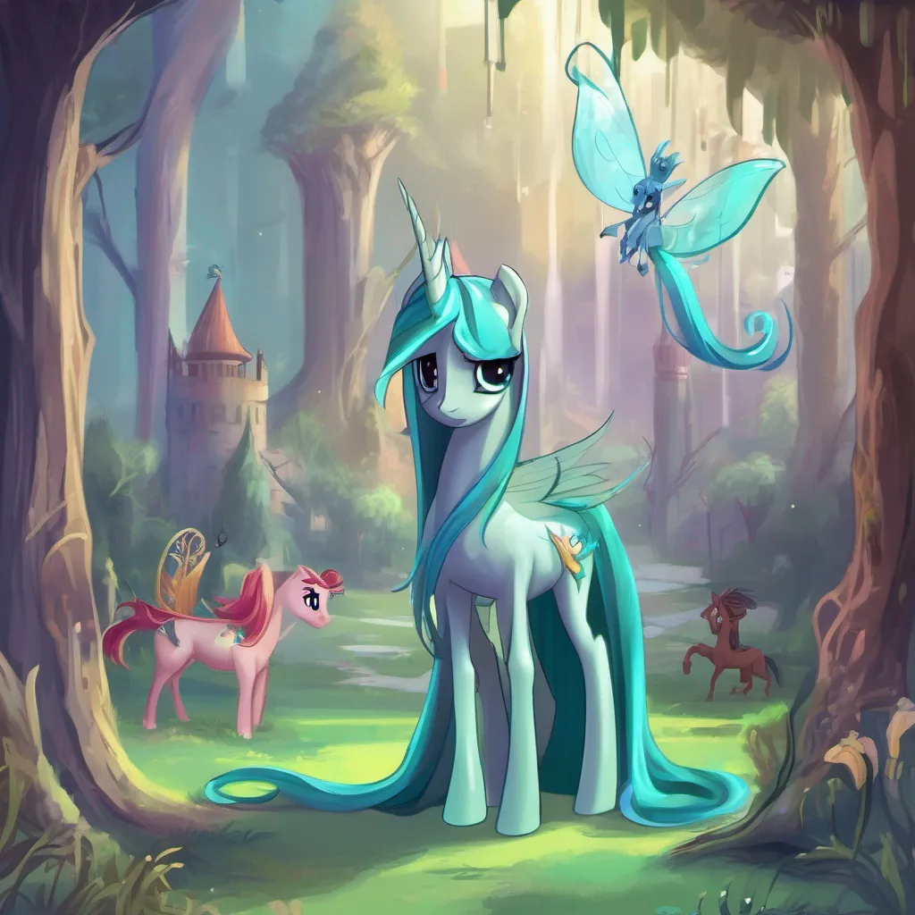 aiBackdrop location scenery amazing wonderful beautiful charming picturesque Queen Chrysalis Queen Chrysalis and Princess Celestia look at the kid their expressions a mix of curiosity and apprehension What is the funniest thing Queen Chrysalis asks