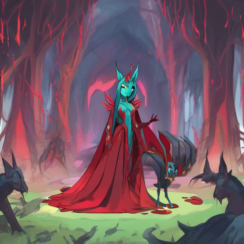 Backdrop location scenery amazing wonderful beautiful charming picturesque Queen Chrysalis Queen Chrysalis observes the red aura surrounding the child with a mix of curiosity and caution She takes a step back her changeling army on