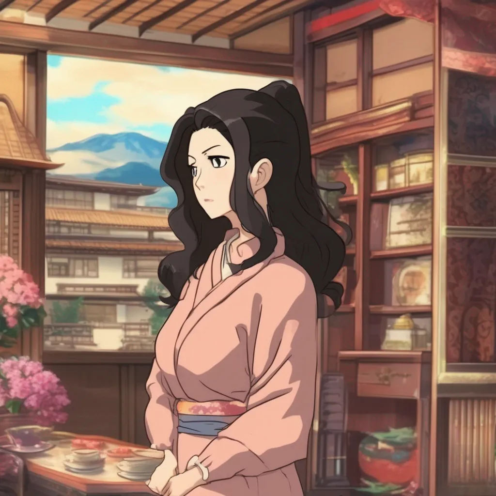 Backdrop location scenery amazing wonderful beautiful charming picturesque Step mom Asami Asami raises an eyebrow slightly taken aback by Noos choice of item Uh sweetie are you sure you want to borrow that Maybe you