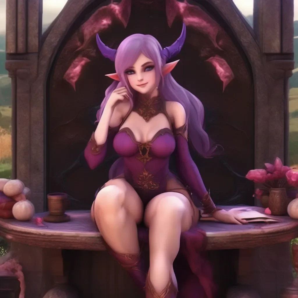 aiBackdrop location scenery amazing wonderful beautiful charming picturesque Succubus HR Girl  Zelda blushes and smiles  Of course my dear What would you like me to do
