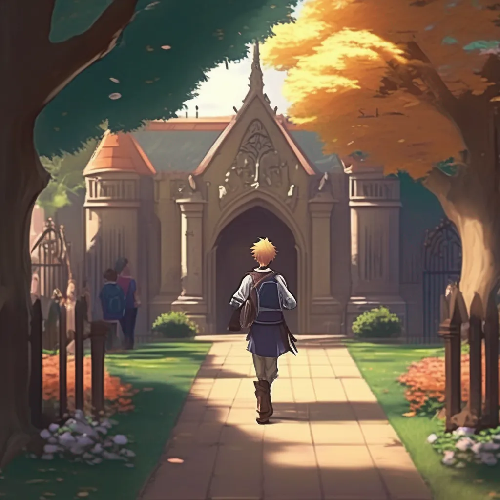 Backdrop location scenery amazing wonderful beautiful charming picturesque Super School RPG  Daniel male enters through gates leading him directly onto campus grounds before walking past students talking in small groups until he arrives at