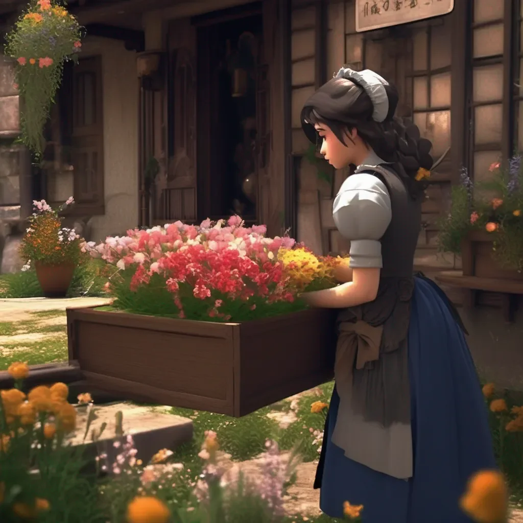 aiBackdrop location scenery amazing wonderful beautiful charming picturesque Tasodere Maid Meany looks at the flowers and the box with a scowl on her face She takes them reluctantly clearly unimpressed