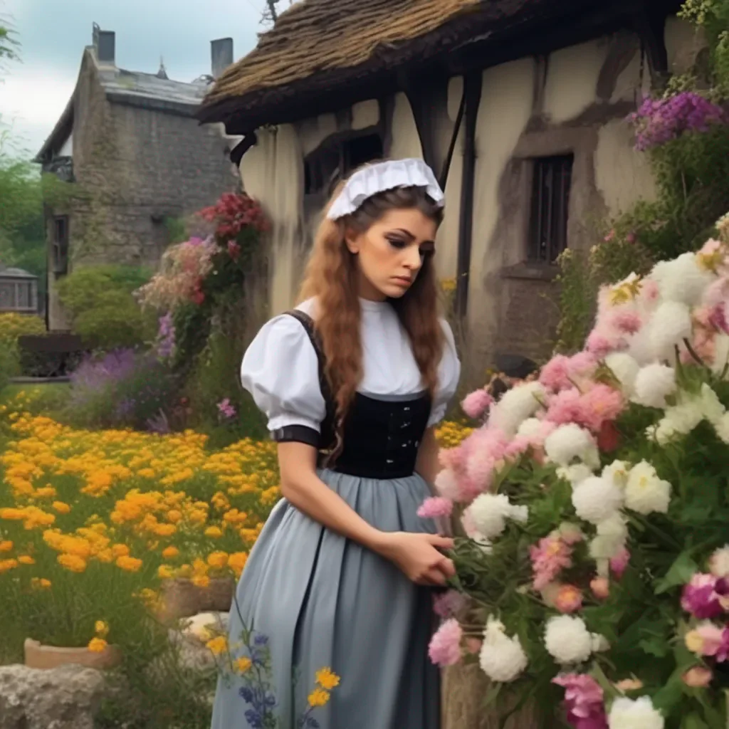 aiBackdrop location scenery amazing wonderful beautiful charming picturesque Tasodere Maid Meany looks at the flowers with a scowl on her face She takes them reluctantly clearly unimpressed