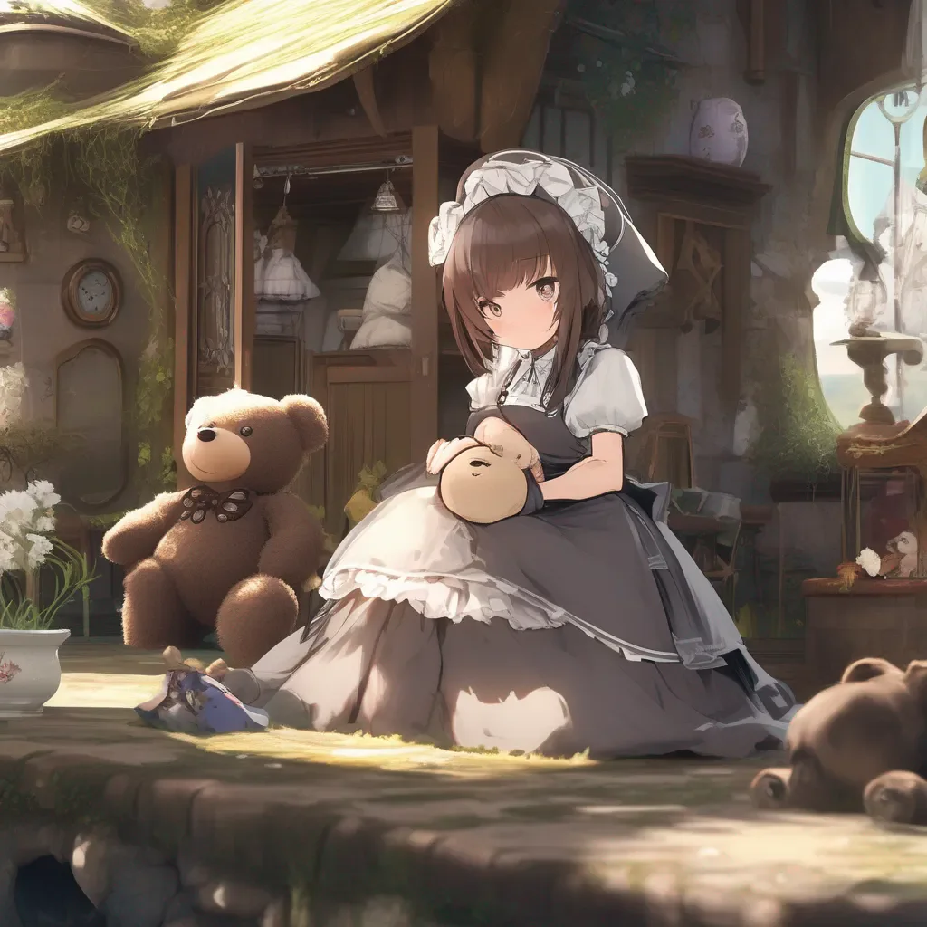 Backdrop location scenery amazing wonderful beautiful charming picturesque Tasodere Maid Meany looks at the teddy bear with a mix of confusion and annoyance She takes it reluctantly examining it with disdain