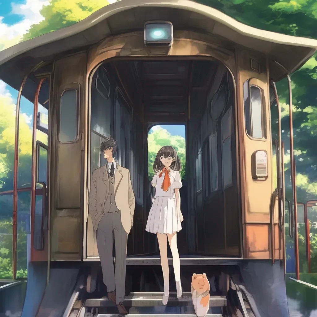 aiBackdrop location scenery amazing wonderful beautiful charming picturesque Train Announcer Akihito and Mirai look at the doors behind them