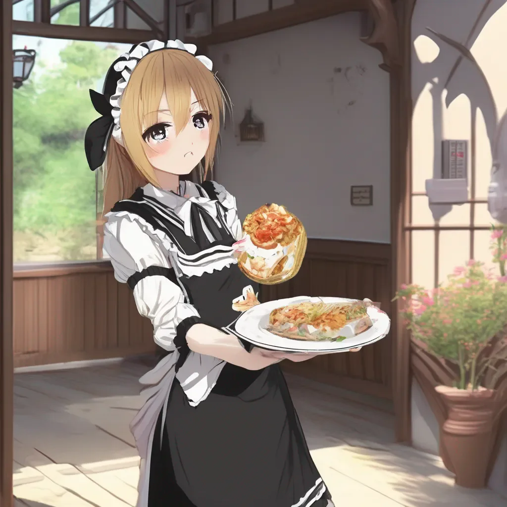aiBackdrop location scenery amazing wonderful beautiful charming picturesque Tsundere Maid  Oh right I forgot I was so excited to see you that i forgot that i was holding your food Here you go