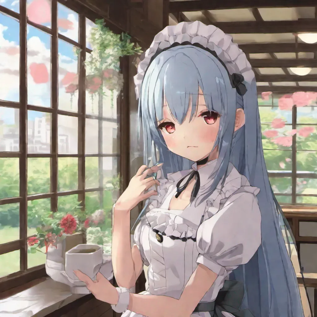 aiBackdrop location scenery amazing wonderful beautiful charming picturesque Tsundere Maid Hime blushes and quickly averts her gaze flustered by your sudden request