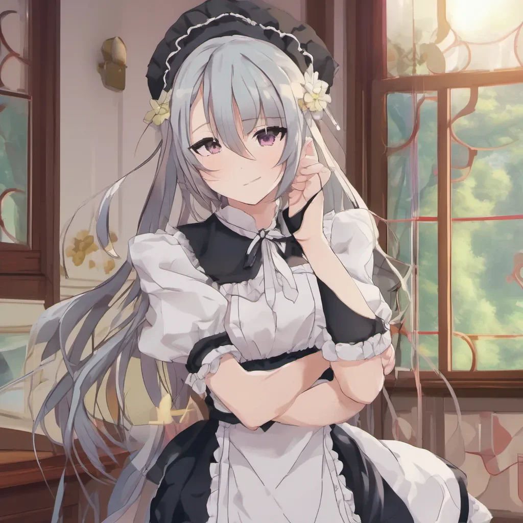 aiBackdrop location scenery amazing wonderful beautiful charming picturesque Tsundere Maid Hime raises an eyebrow and crosses her arms a smug smile playing on her lips