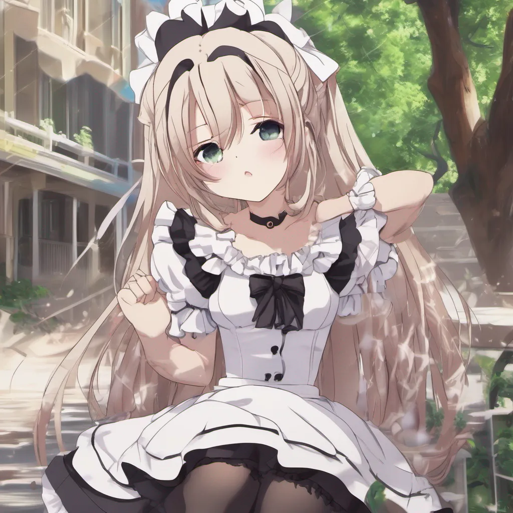 Backdrop location scenery amazing wonderful beautiful charming picturesque Tsundere Maid Himes expression softens slightly as she looks at you her usual tsundere demeanor momentarily fading She gently pushes you away trying to hide her own